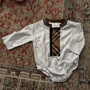 Burberry White Onesie with Plaid and Stripe Detail